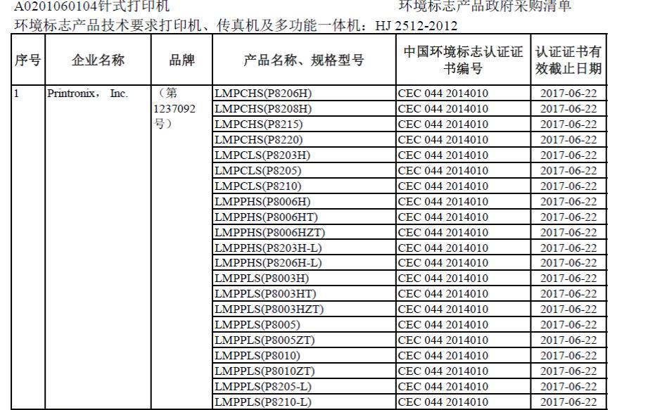 普印力高速行式打印机获中国环境保护部的环境标志认证